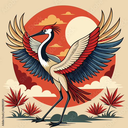 Stylized japanese crane with wings spread against a sunset sky