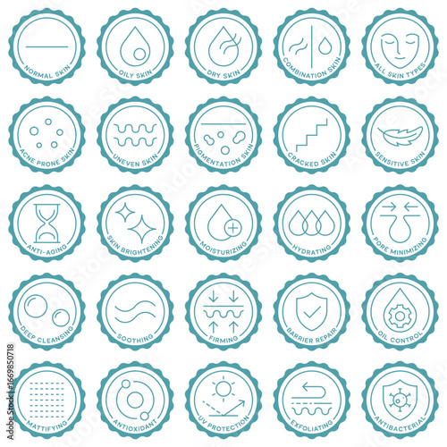 Wavy Seal Badge Skincare Icons for Skin Types Concerns and Benefits in Minimal Line Style