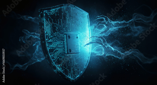 Futuristic cybersecurity concept with a glowing blue shield defending a digital system from hacker attacks and online threats