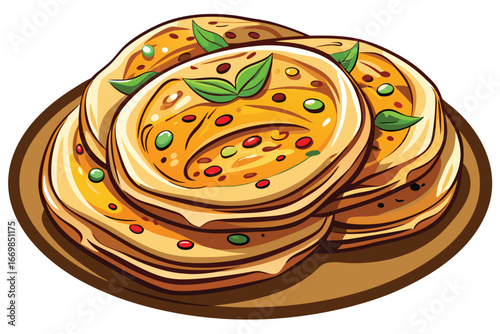Delicious Stack of Indian Paratha Flatbreads Garnished with Herbs on a Wooden Plate Vector Illustration