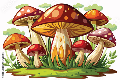Colorful Cartoon Mushrooms in a Whimsical Forest Scene A Collection of Fantastical Fungi Illustrations