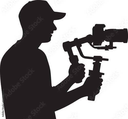 silhouette of videographer operating handheld gimbal stabilizer with mirrorless camera for smooth video recording