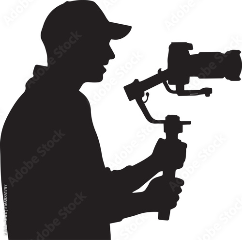 black silhouette vector of filmmaker adjusting dslr camera on handheld stabilizer gimbal for cinematic footage capture