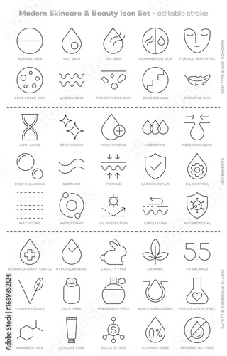 Modern skincare and beauty line icon set vector illustration