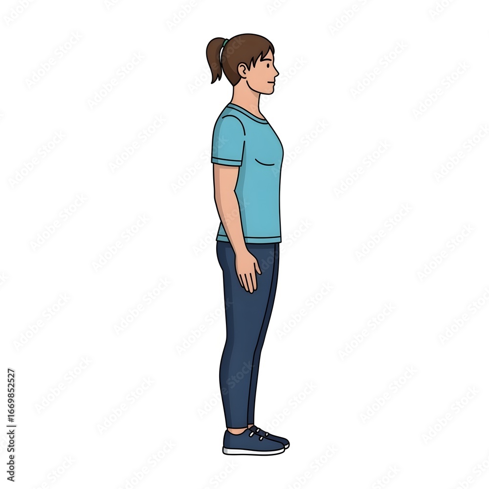 Fototapeta premium Side profile of a woman standing upright, wearing a blue t-shirt and dark pants on a white background.