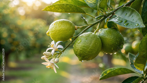 Green Lemon on tree with lemon flower in garden, Green Lemon on tree in natural warm sunlight background