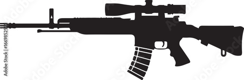 stylized assaultweapon silhouette with pistolgrip telescopingstock scope magazine and flashsuppressor