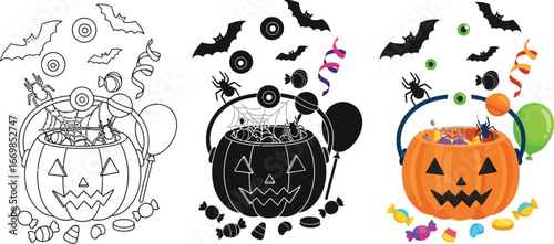 Spooky halloween pumpkin bucket filled with candy and decorations for trick or treat fun