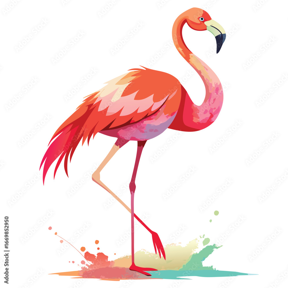 Obraz premium Vibrant pink flamingo standing on one leg with watercolor splashes