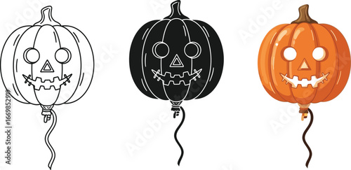 Spooky halloween pumpkin balloon illustrations in line art silhouette and color versions