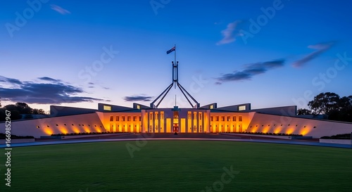 Australian Parliament House at Dusk, Illuminated.