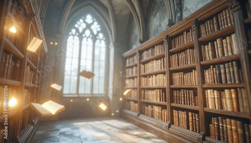 Mysterious ancient library interior with flying glowing books in magical light, spooky gothic atmosphere, fantasy halloween concept with enchanted old books and haunted architecture background