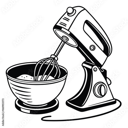 Line Art Illustration of a Stand Mixer with a Whisk and Bowl for Baking and Food Preparation