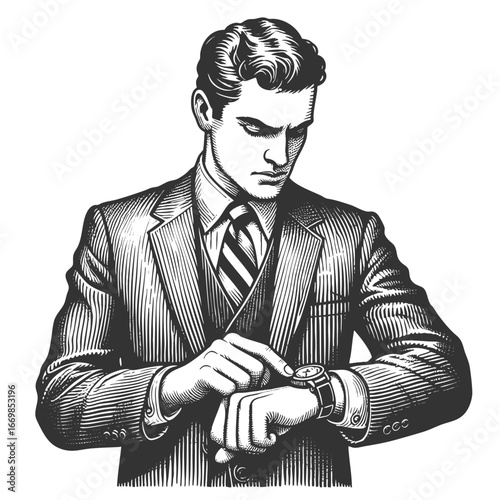 businessman in a suit looking at his wristwatch, symbolizing time management and punctuality sketch engraving generative ai fictional character vector illustration. Scratch board. Black and white.