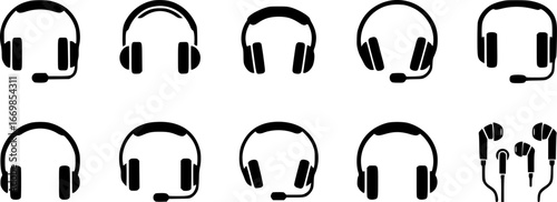 Set of headphone icons in a simple black design isolated on white background
