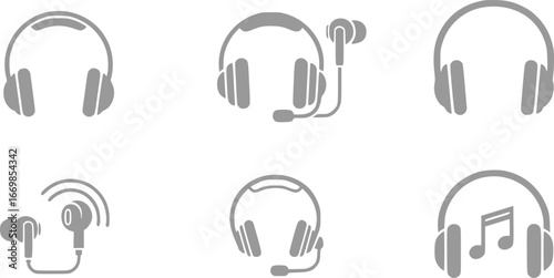 Set of headphone icons in a simple black design isolated on white background
