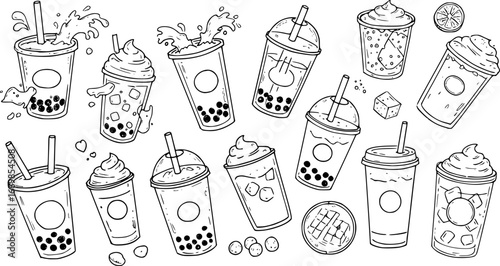 Set of milk tea and drinks doodle illustration with black and white color
