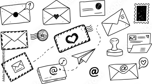 Set of mail and email doodle elements with black color on a white background

