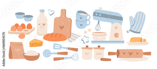Baking and cooking tools. Bakery and kitchen elements, dough, flour, butter, eggs, and utensils. Homemade food. Flat vector illustration.