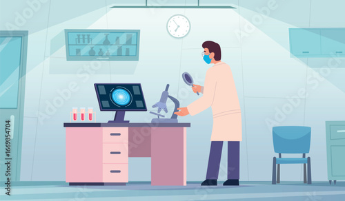 Medical laboratory. doctor in cabinet working. vector background in cartoon style