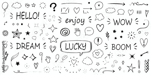 Black and White Hand Drawn Doodle Elements with Words and Speech Bubbles on White Background