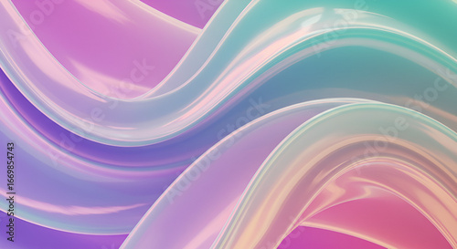 Abstract iridescent flowing shapes, with a smooth, glossy surface, creating a dynamic and colorful wave pattern.