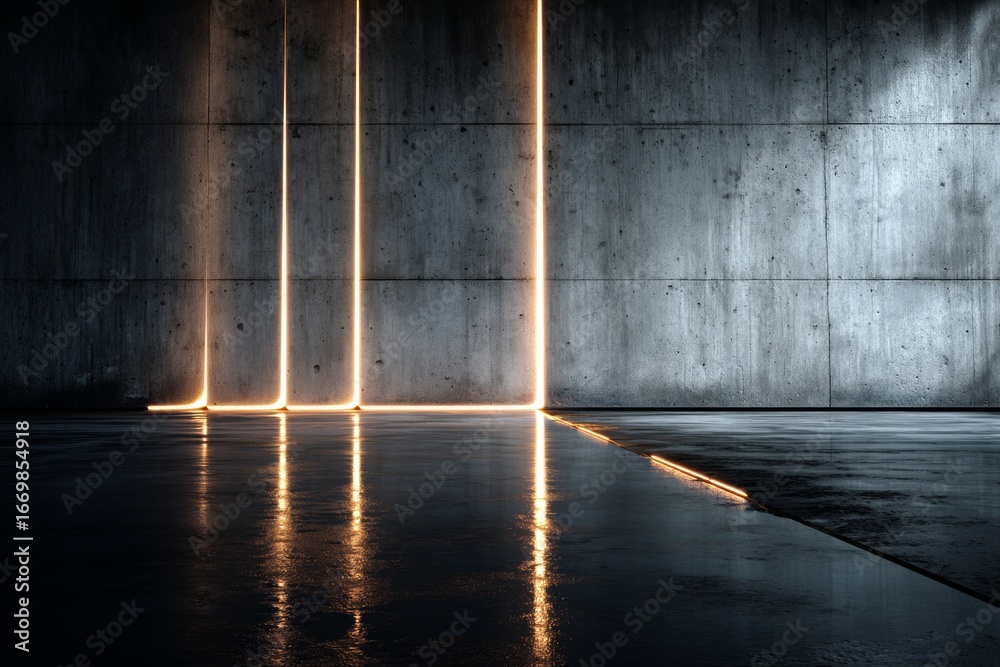 Obraz premium Concrete wall with industrial light streaks and dark floor.