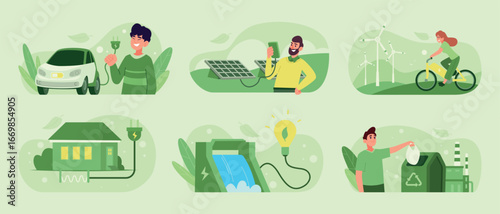 Green technology. People use green energy different renewable smart resources eco production exact vector templates