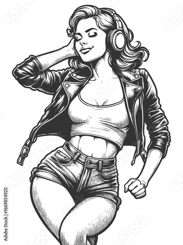 woman in a leather jacket and shorts wearing headphones and dancing with energy and confidence sketch engraving generative ai fictional character vector illustration. Scratch board. Black and white.