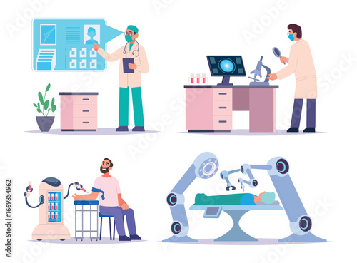 Smart medicine. Computer intelligent medical equipment sources and technology in medical care exact vector concept illustrations