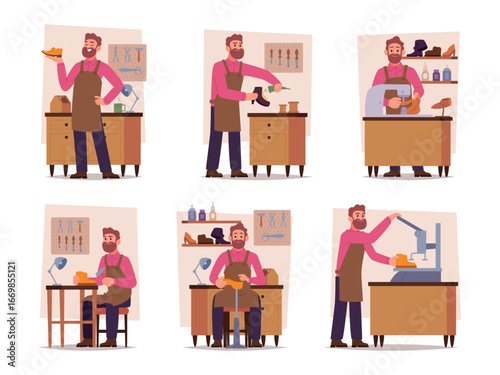Shoemaker. Characters working in shoes workshop exact vector conceptual illustrations set