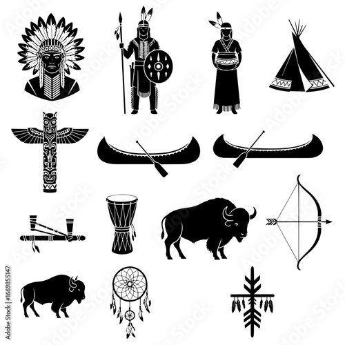 Set of Iconic Native American Symbols and Cultural Elements Illustrations


