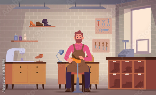 Shoes workshop. Professional master shoemaker repair different shoes exact vector cartoon background