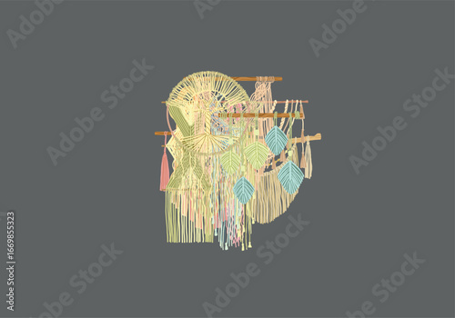 Macrame decor. Handcrafted different design from knots and fibers recent vector macrame set