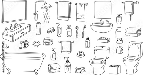 Set of bathroom elements vector with doodle style on a white background
