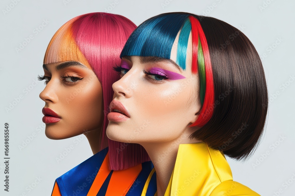 Obraz premium Bold graphic layouts showcase trendy hairstyles with vibrant colors and striking designs