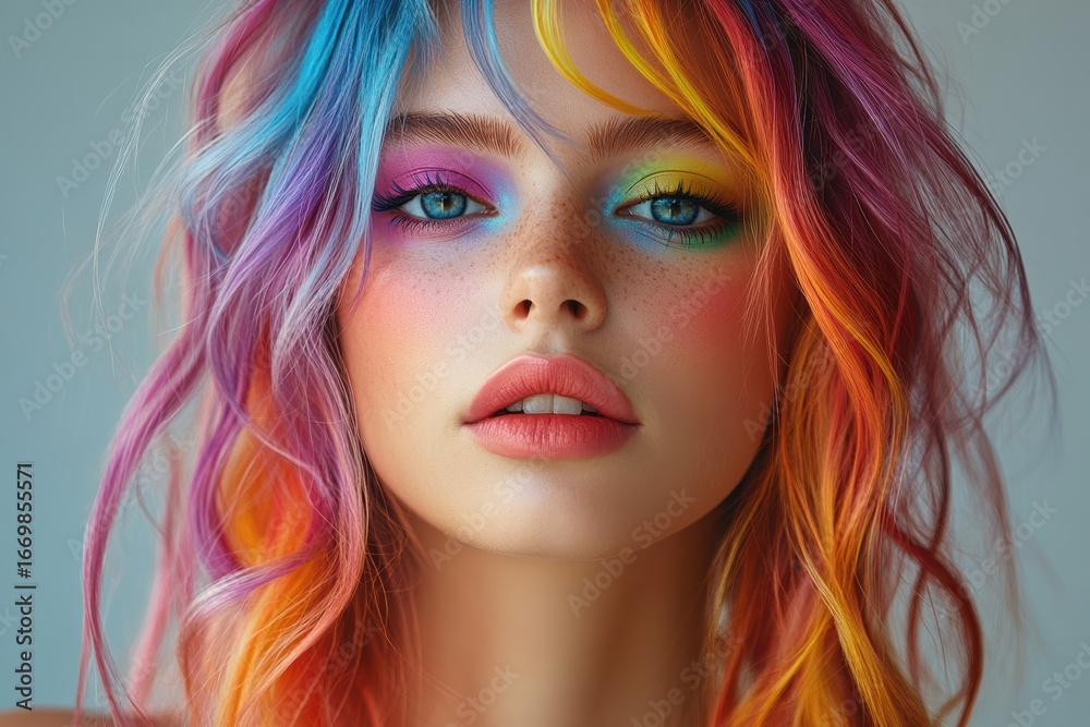 Fototapeta premium Trendy graphic layouts showcasing vibrant beauty with colorful hair and creative makeup designs