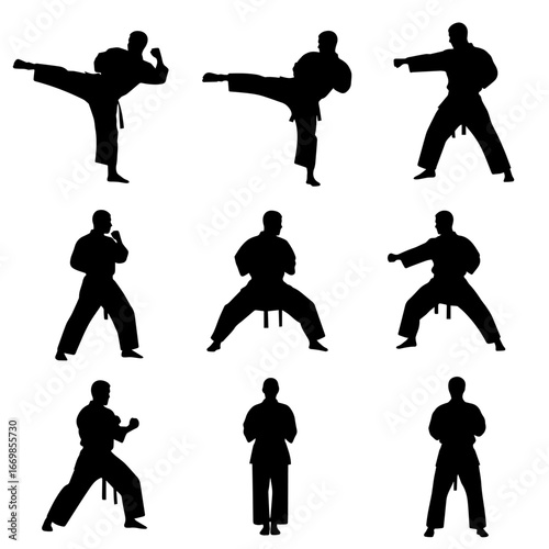 Vector art of silhouettes of a karate practitioner in various fighting stances and moves