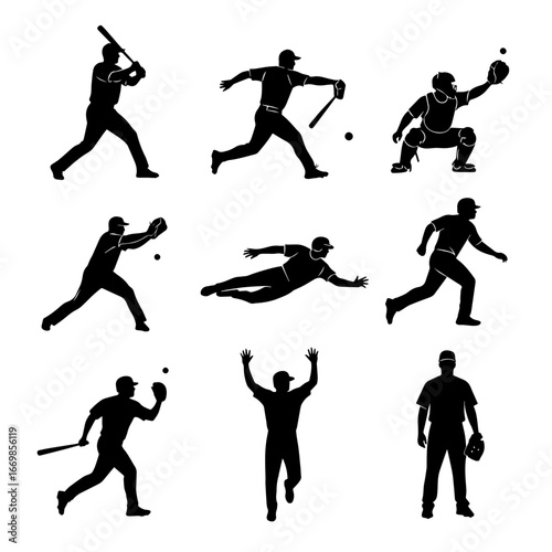 set of silhouettes of baseball player swinging the bat with different pose, gesture. batter. isolated on white background. vector illustration.