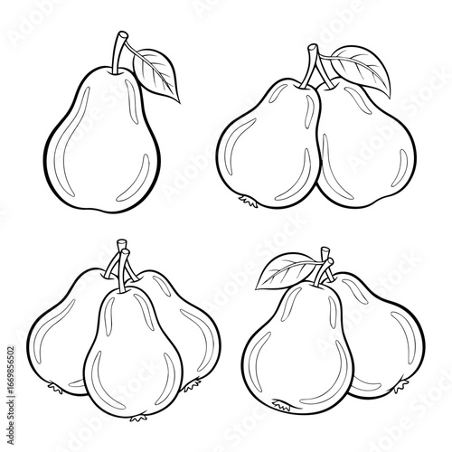 Black and White Pear Sketches Displaying Various Groupings and Designs

