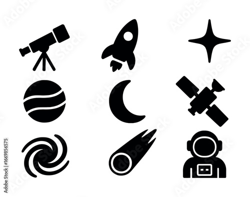 Space icon set: telescope, rocket, star, planet, moon, satellite, spiral galaxy, comet, astronaut