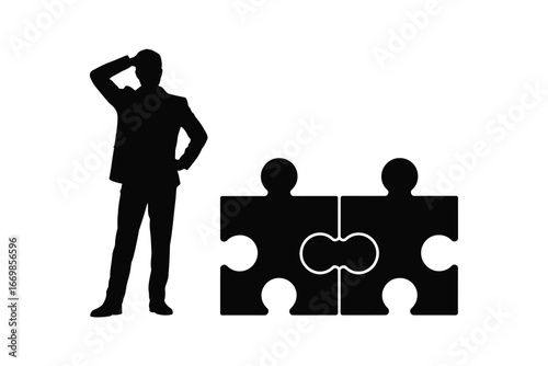 Silhouette of a man contemplating two puzzle pieces with human heads