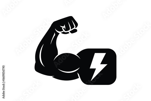 Strong bicep flexing with a lightning bolt symbol representing power and energy