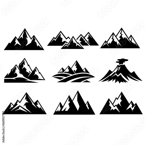 Collection of Black Silhouette Mountain Designs for Logos and Illustrations

