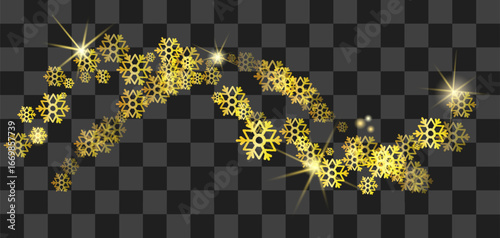 Golden snowflakes create a whimsical pattern, sparkling with light against a transparent backdrop. Perfect for winter celebrations or holiday design elements
