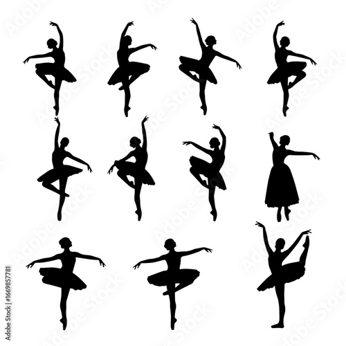 Ballet dancers performing graceful poses silhouettes