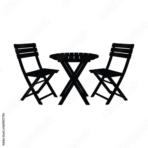 Silhouette of a round folding table with two chairs on a white background