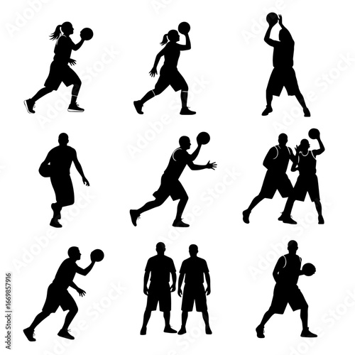 People playing basketball in different poses. Large set of black silhouettes of women and men playing with a ball