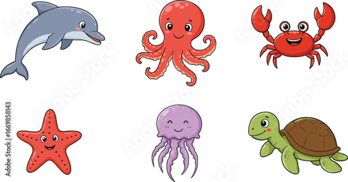 Cute cartoon sea animals with faces, happy dolphin, smiling octopus, cheerful crab, adorable starfish, cute jellyfish, happy sea turtle characters