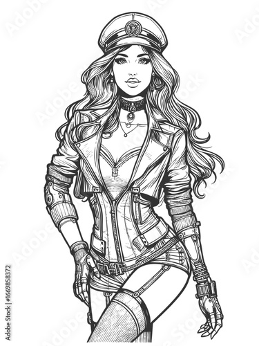 futuristic woman in a military-style cap, leather outfit, and cyberpunk accessories sketch engraving generative ai fictional character vector illustration. Scratch board imitation. Black and white.